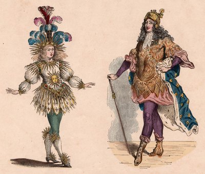 Dos vistas de Luis XIV en trajes: uno para el teatro evocando el sol con plumas de avestruz, otro para el carrusel, con armadura y capa de lirios de Unknown